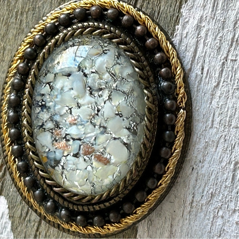 1910 BRASS Vintage Style Brooch with Stone Center